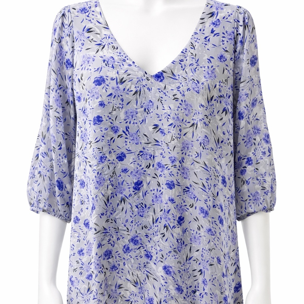 Blue Floral Sheer V-Neck Blouse | Lightweight Flowy Top | Size S
